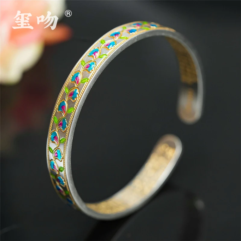 足银手镯 【玺吻】足银999.9 国风设计款花藤心经开口手镯（镯宽8mm）