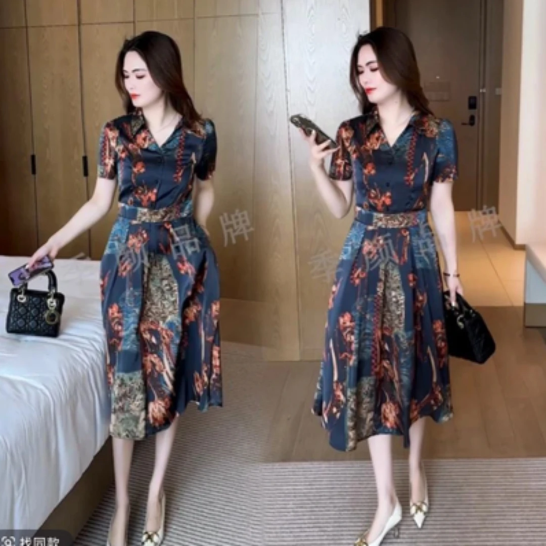 22009时尚减龄收腰显瘦短袖连衣裙洋气漂亮夏装中长款裙子