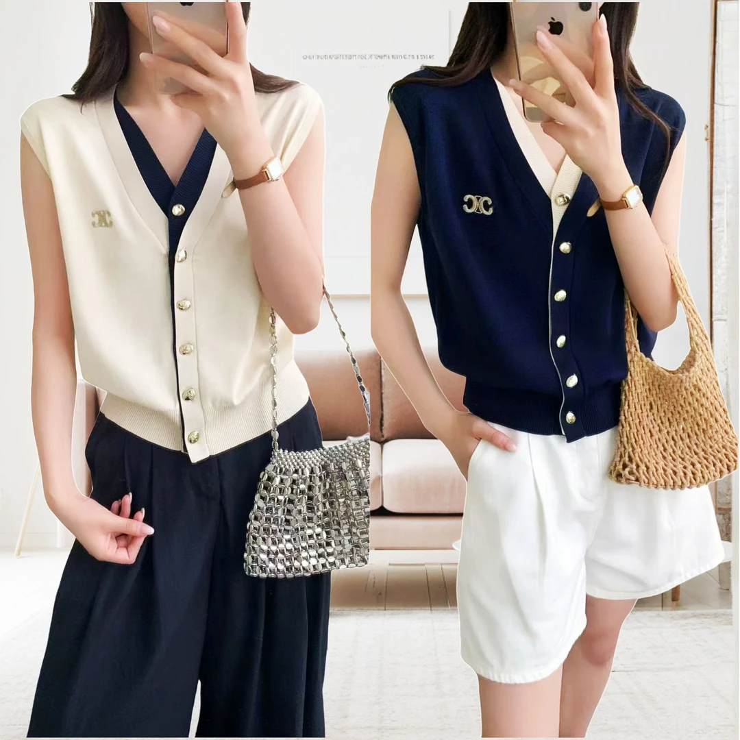 新款慵懒风无袖夏季V领女刺绣毛针织衫时尚上衣国风辣妹风毛衣