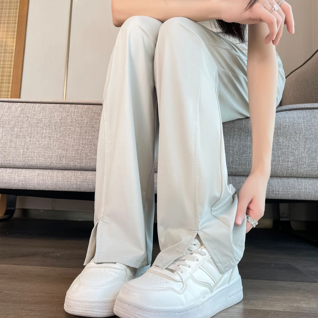 窄版阔腿裤女直筒夏季薄款2025新款速干冰丝高腰开叉运动休闲裤子