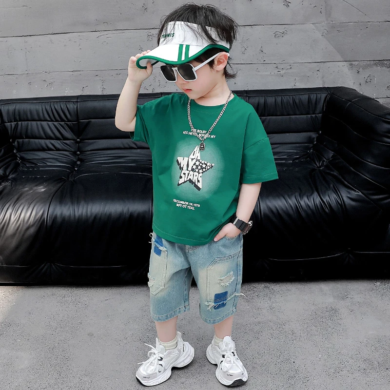 男童套装夏季薄款polo短袖上衣男孩洋气潮款牛仔短裤儿童休闲夏款