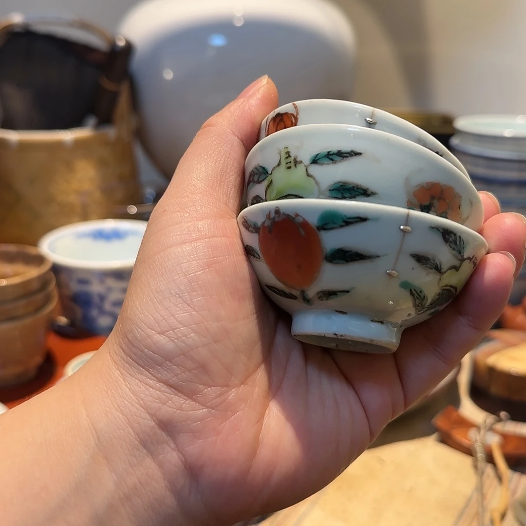 茶*粉彩三只锔钉杯一套