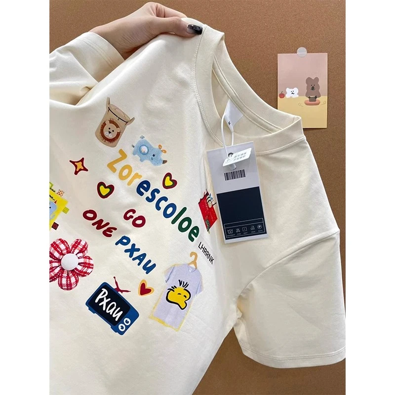 日系复古纯棉短袖T恤女夏季韩系趣味印花体恤宽松半袖学生上衣潮