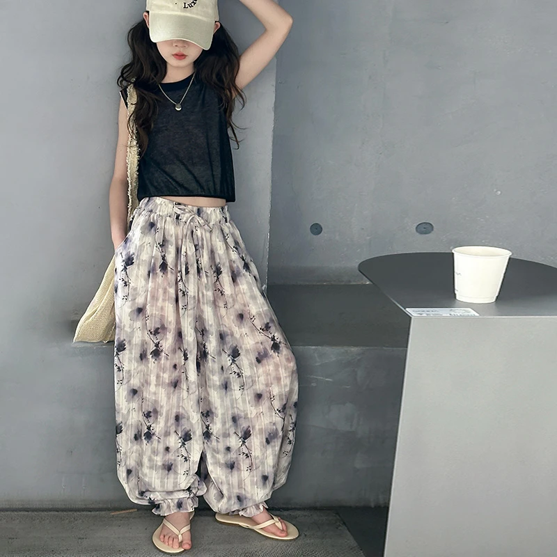 女童冰丝防蚊裤夏季薄款水墨画灯笼裤6-12岁夏清凉裤子百搭束脚裤