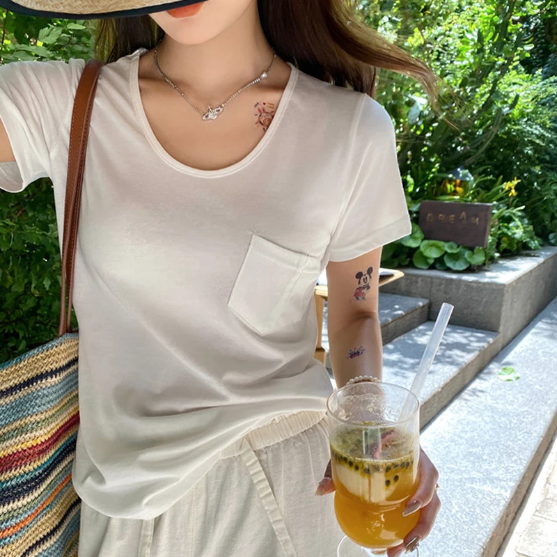韩国东大门口袋上衣女夏季白色宽松低领显瘦短袖正肩薄款纯棉T恤