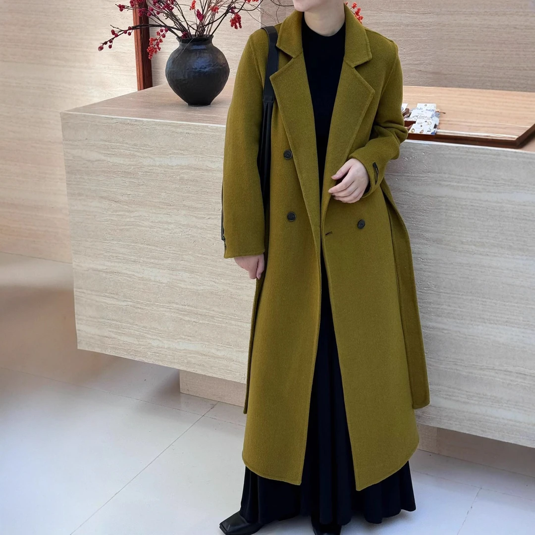 2025秋冬新款双面羊绒大衣女加长西装领系带双排扣宽松高级感外套