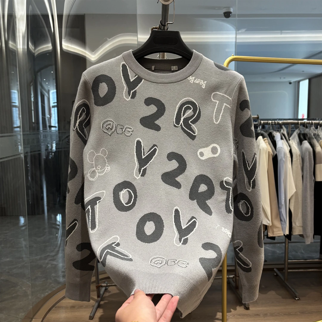 【H家】包芯纱！抗起球！秋季新款时尚字母提花圆领针织衫男冬季毛衣