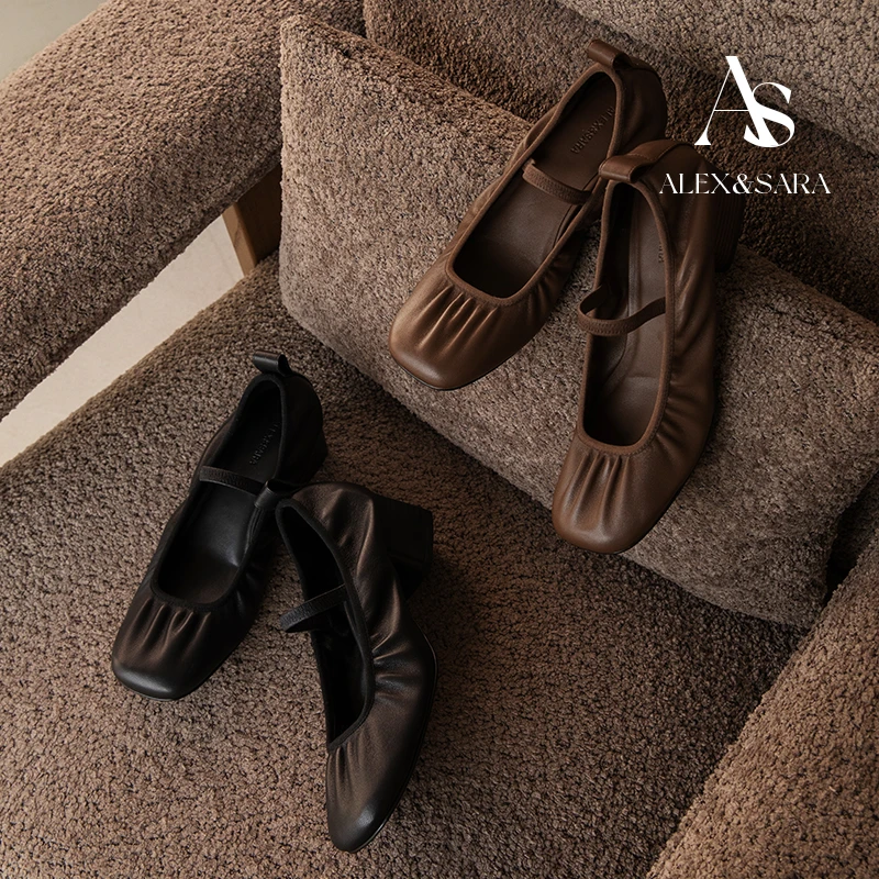 ALEXSARA 2025早春新款 方头真皮粗跟松紧单鞋柔软羊皮舒适跳舞鞋