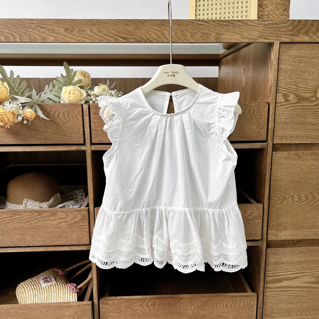 【棉布 娃娃衫】8917（白色）上衣 女童韩版 飞飞袖下摆花边 娃娃衫