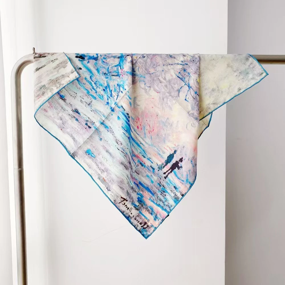 沐芽【莫奈的雪】65CM重磅桑蚕丝粗斜纹双面印花方巾 复古气质丝巾