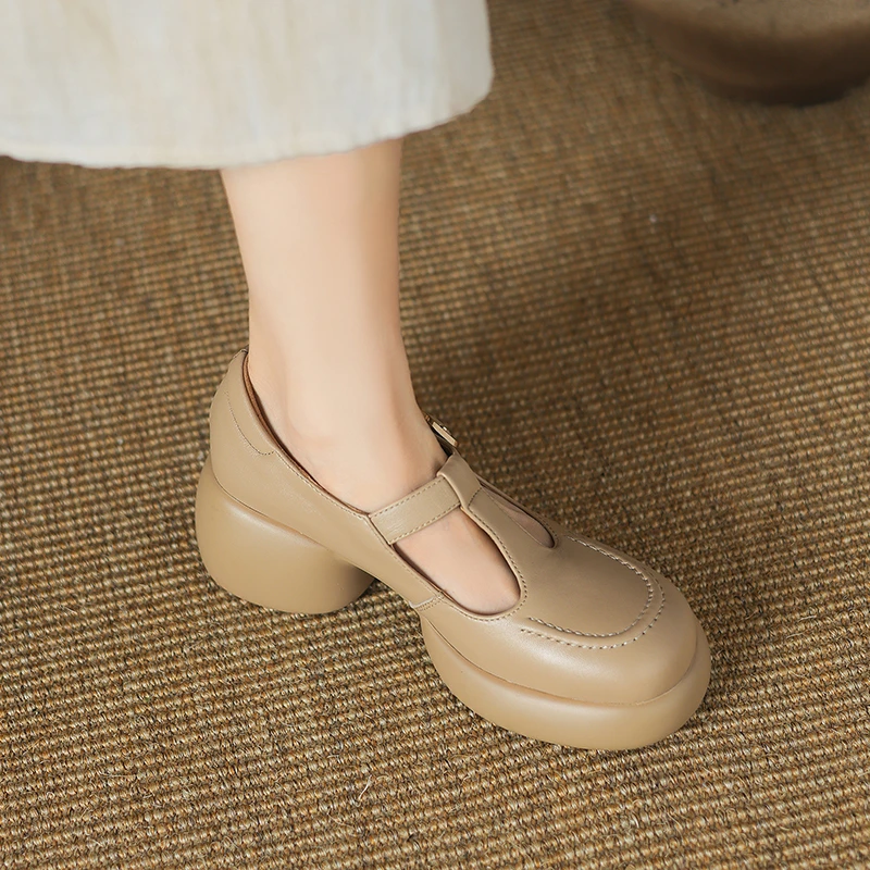 羊皮手工鞋/6.5CM粗跟复古丁字鞋春秋厚底松糕鞋百搭单鞋女