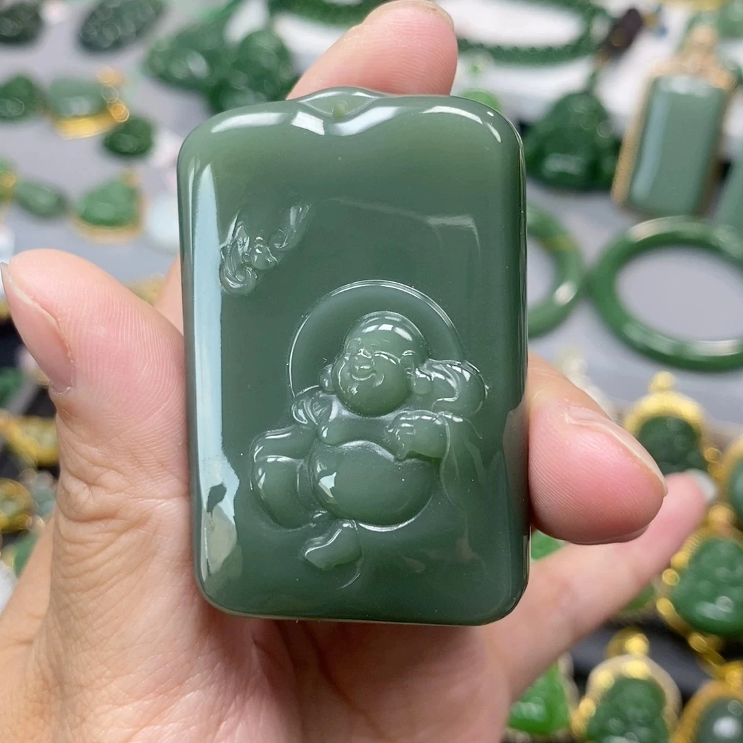猴教授珠宝纯天然和田碧玉超细鸭蛋青佛牌吊坠56mm