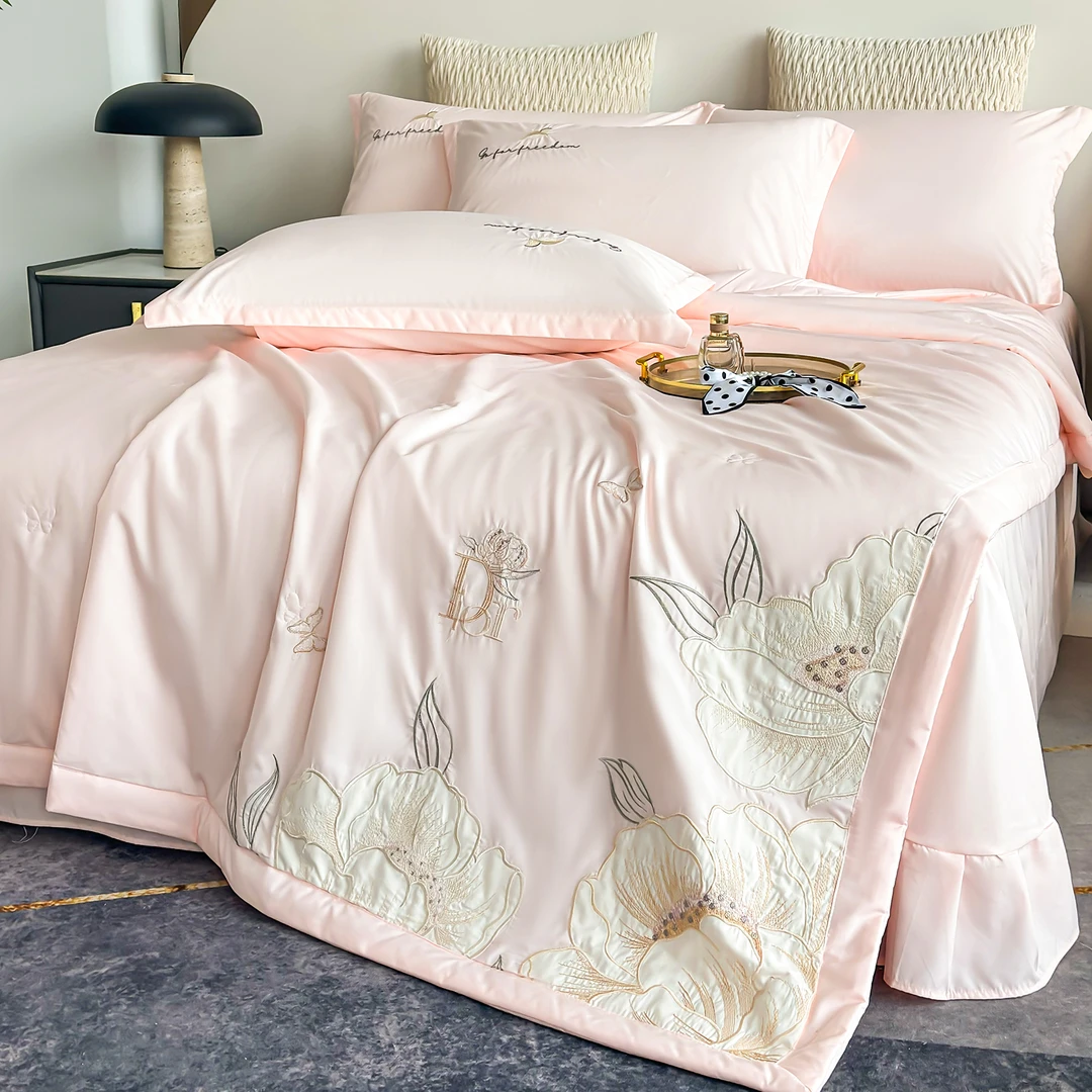 【专柜清仓】xh刺绣浮雕水洗印花夏被四件套-春花秋拾粉-微瑕款