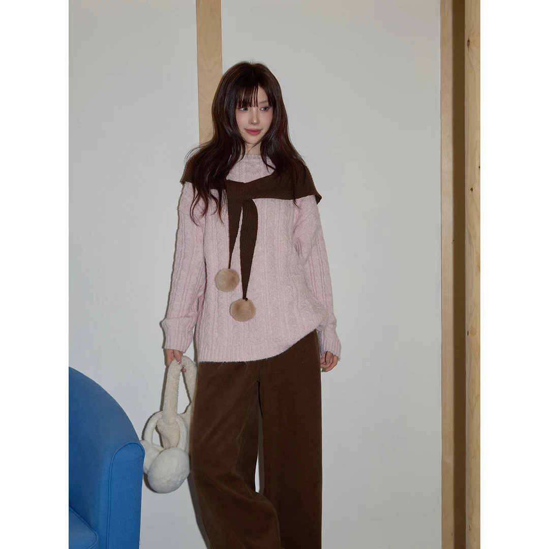 【吵吵家】韩系粉色圆领套头毛衣女2025冬季高级宽松慵懒长袖毛线衣