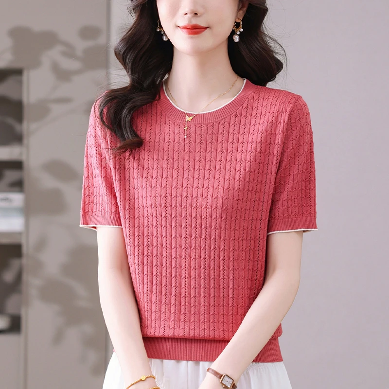 夏装大码冰丝短袖T恤女薄款镂空圆领针织衫气质显瘦宽松洋气上衣