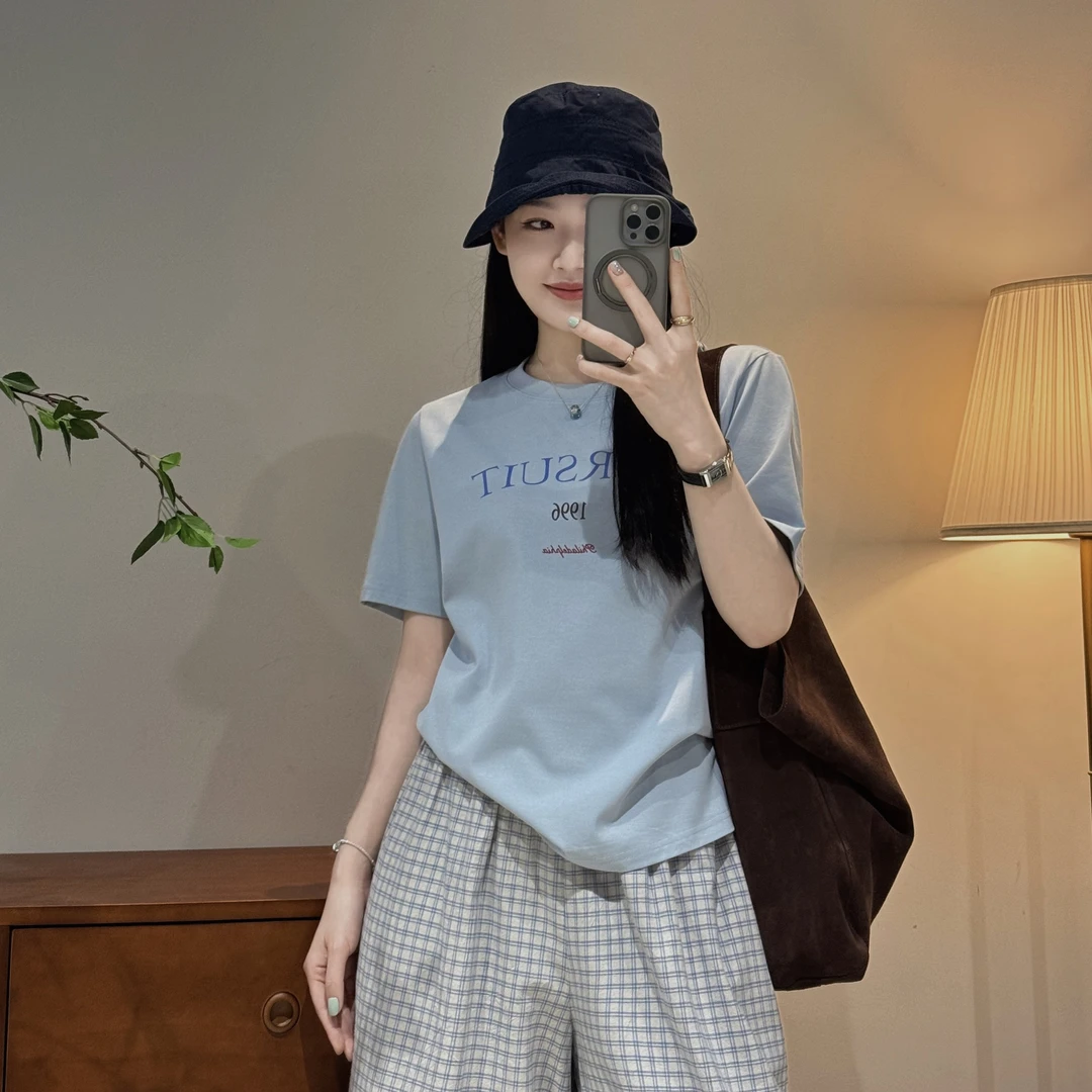 韩系休闲时尚百搭简约宽松潮流舒适印花纯棉短袖-M25215315