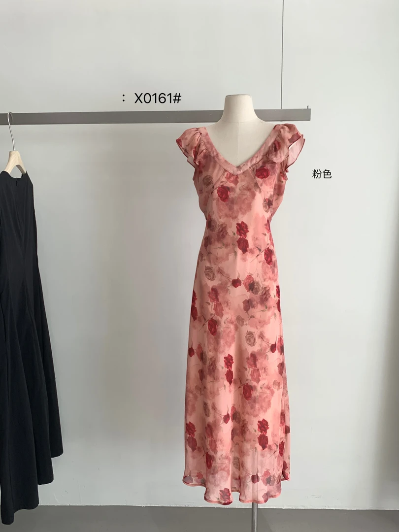 鑫燃KIKI 法式夏季V领高级感玫瑰印花连衣裙 0161 RS