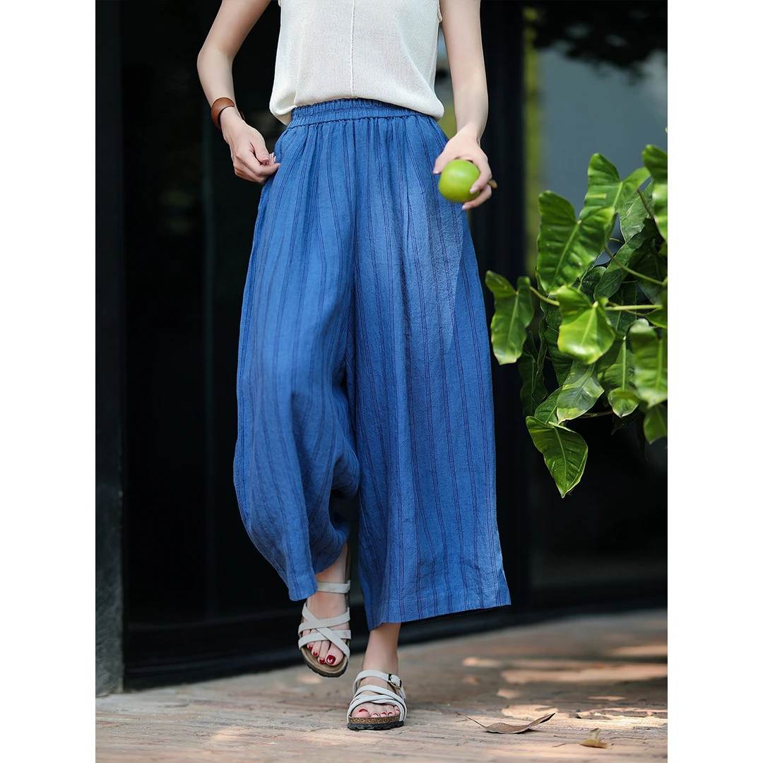 麻霖女装早春新品14支100%亚麻色织条纹文艺休闲显瘦阔腿九分裤