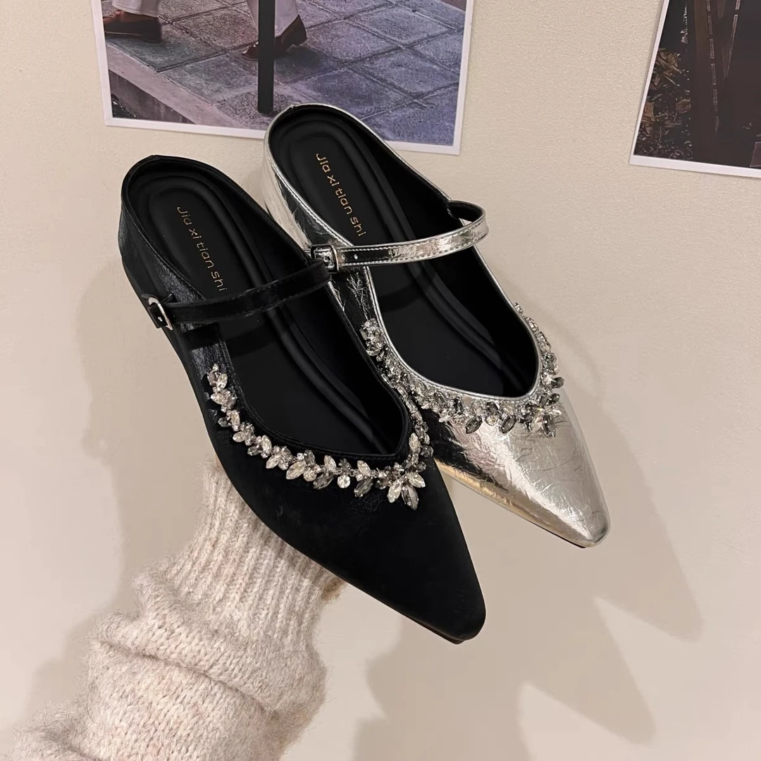 纯色水钻包头公主风浅口包头拖玛丽珍凉鞋百搭低跟尖头单鞋女