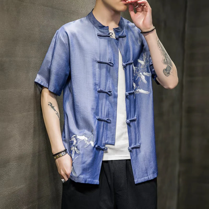 25C10D4新中式刺绣唐装衬衫中国风夏季复古风短袖牛仔冰丝中山装