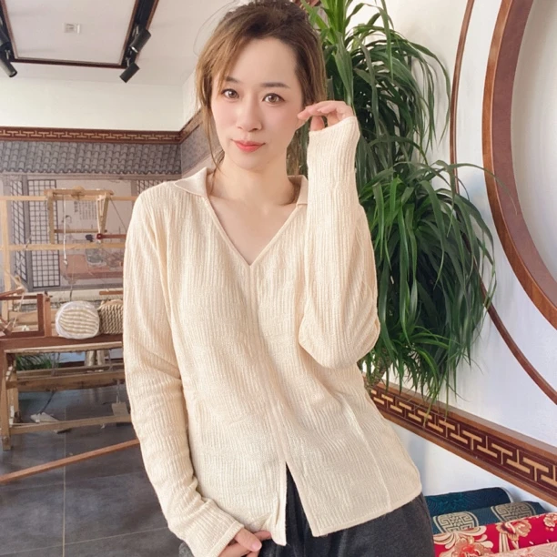 柞蚕丝【繁花】女士显瘦V领小翻领长袖百搭时尚纯色睡衣上装 1423