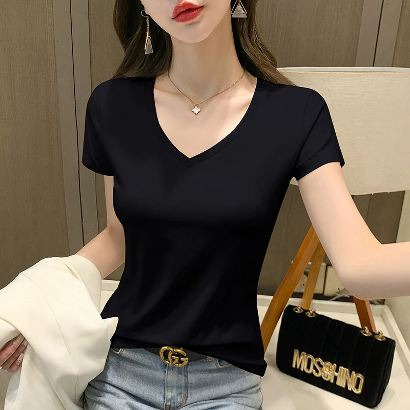 黑色V领t恤女短袖纯棉上衣正肩韩版百搭夏季2025新款半袖紧身体恤