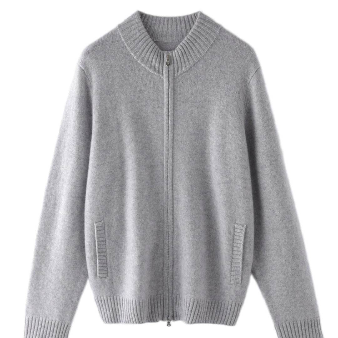 小山羊绒 七针双股半高领开衫羊绒衫