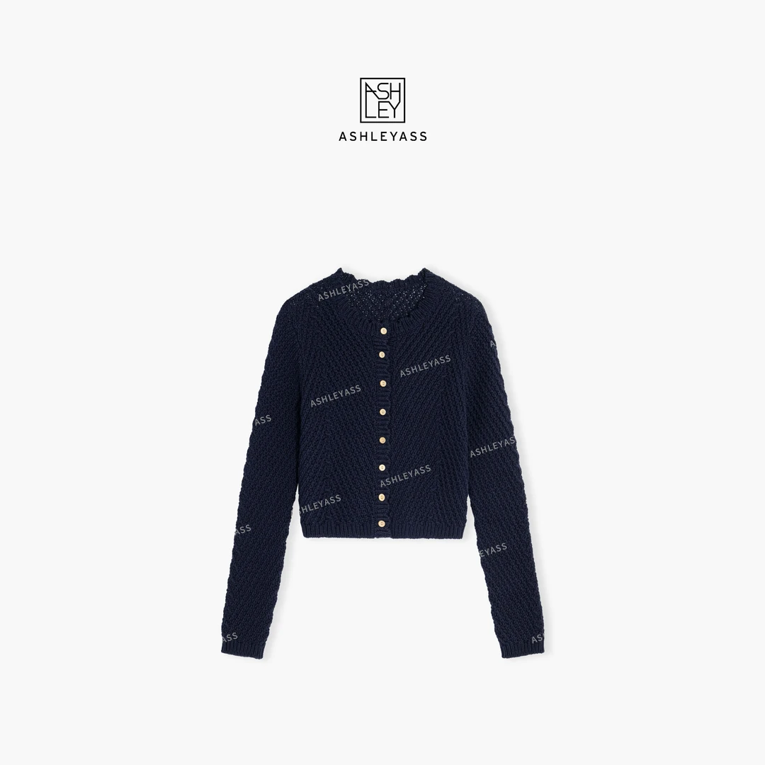 【ASHLEYASS】“垦丁”镂空针织开衫纽扣门襟斜纹针织衫LSS250226Y