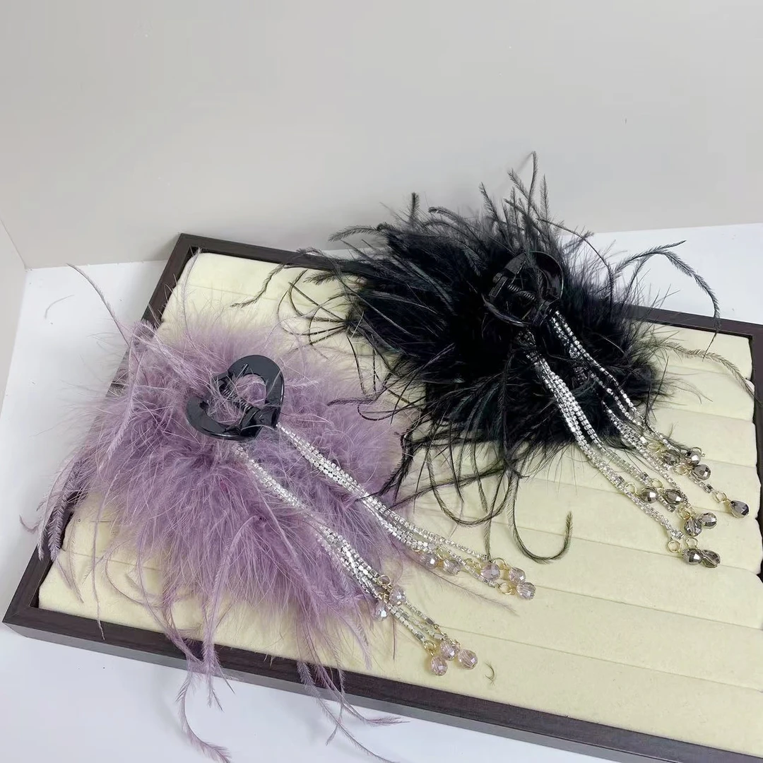 气质蓬松仙气羽毛鲨鱼夹流苏精致氛围感高级纯欲抓夹发夹子