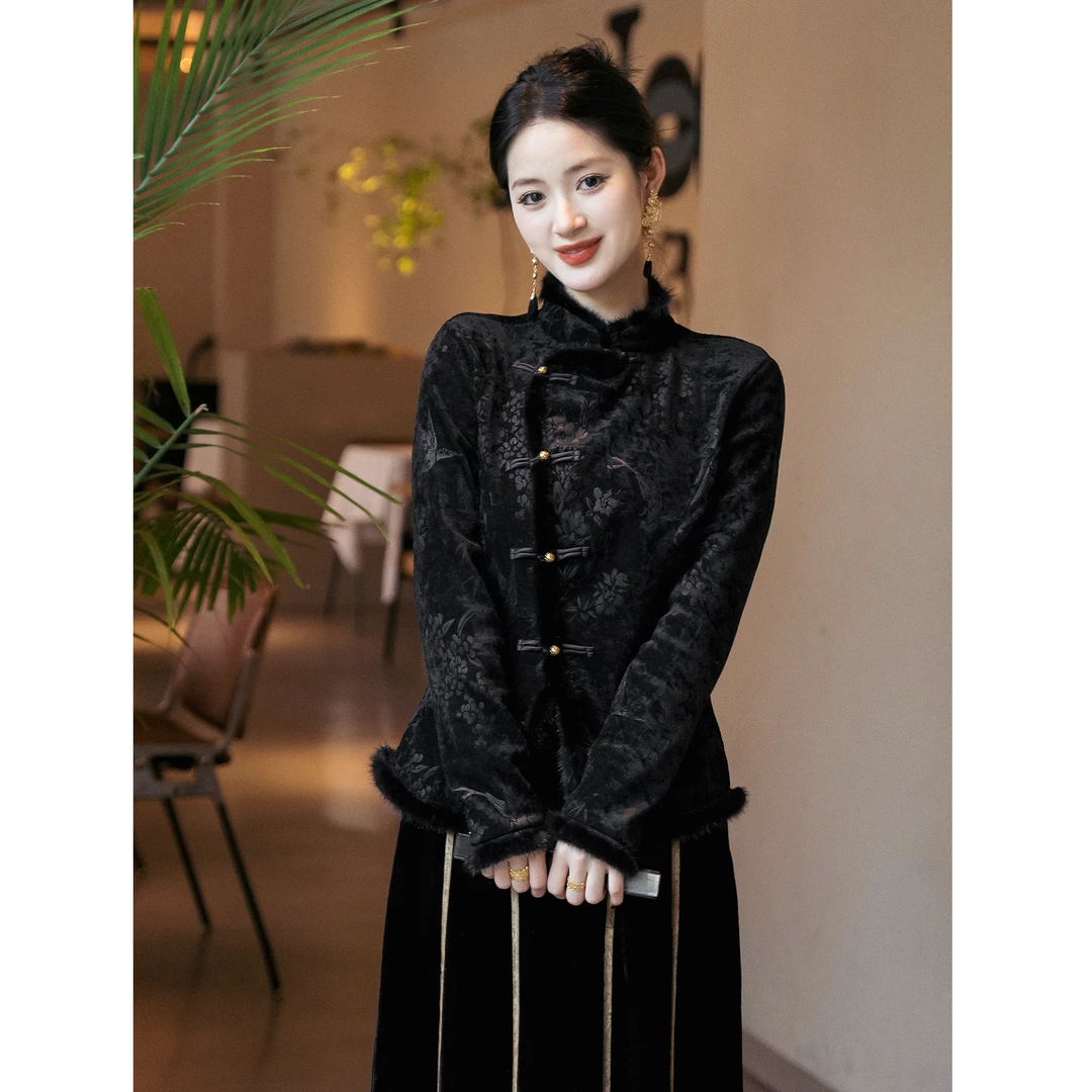 仫赐【明月】中式国风毛领高级感打底烧花斜襟盘扣上衣F9955