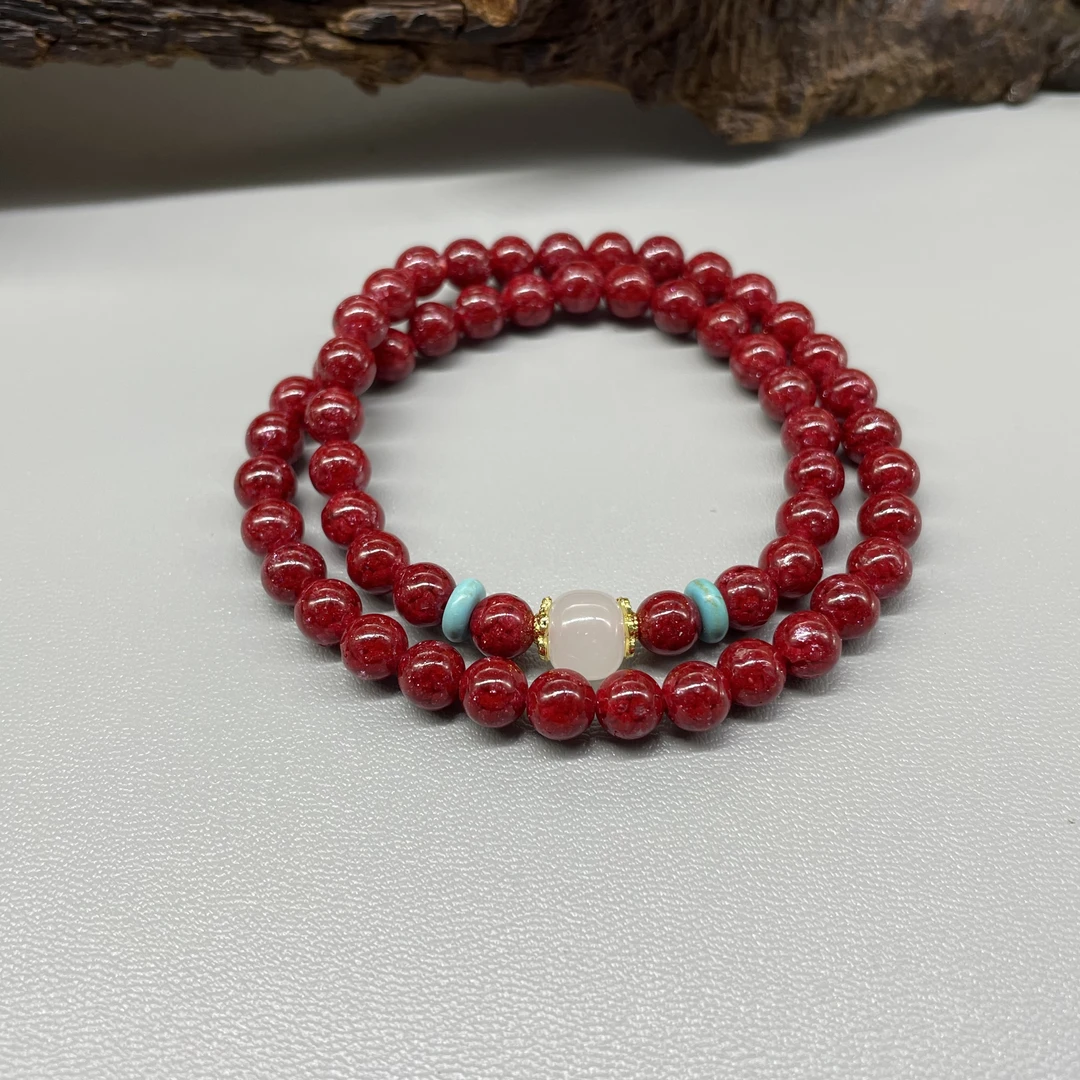 含辰砂工艺品6MM月白双圈手串    全透晶体