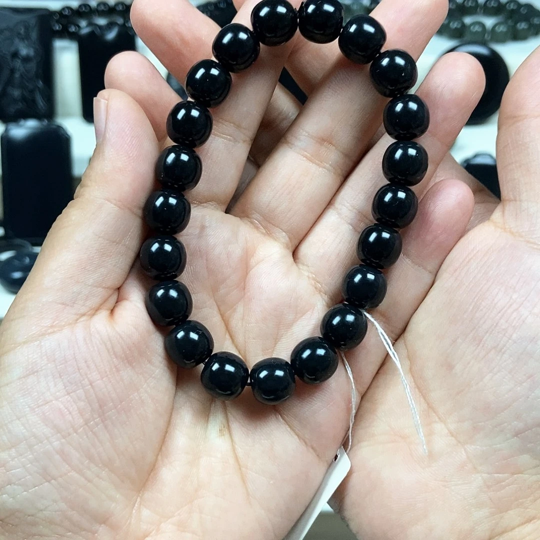 手串未镶嵌和田玉（墨玉）绿*河卡10老型黑羊脂手串