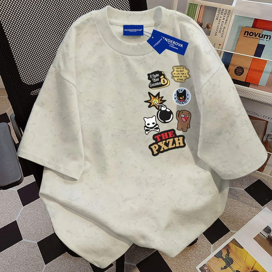 100%纯棉卡通可爱扎染短袖t恤男女夏季爆款高街显瘦圆领情侣上衣