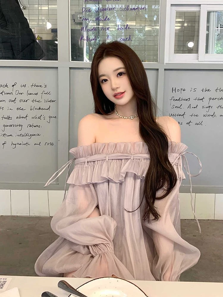 大码一字领气质纯色显瘦建筑短裙泡泡袖春季无袖连衣裙长袖法式