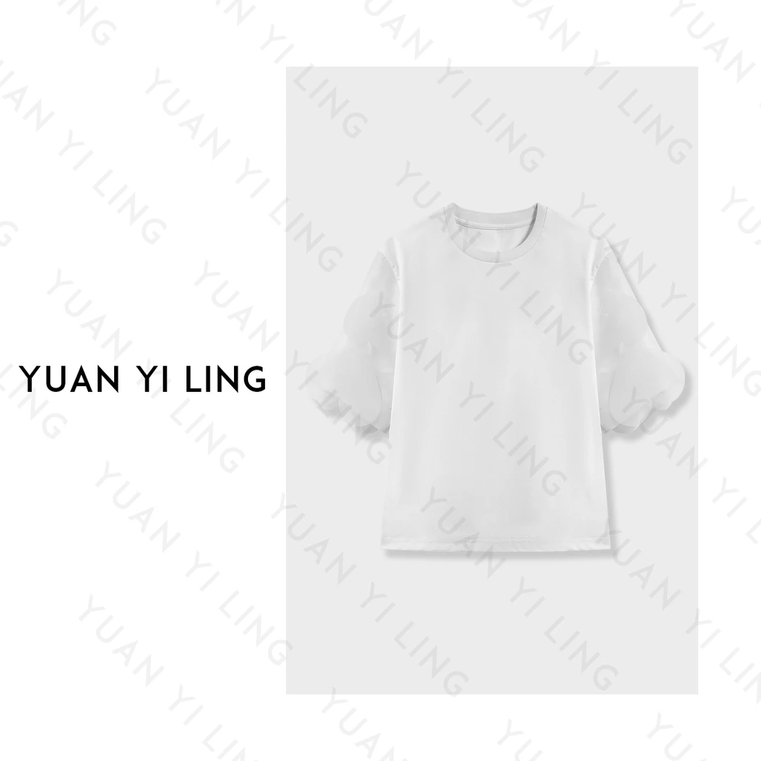 袁艺灵【夏日序曲】25夏季 桑蚕丝心型网纱拼袖设计时尚优雅女装T恤