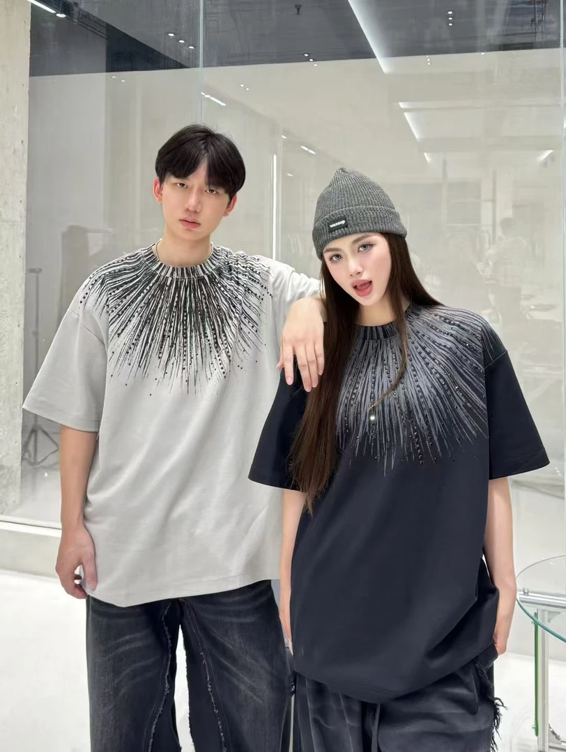 ARUI夏季新品美式重磅宽松百搭高级感烫钻圆领潮流情侣短袖T