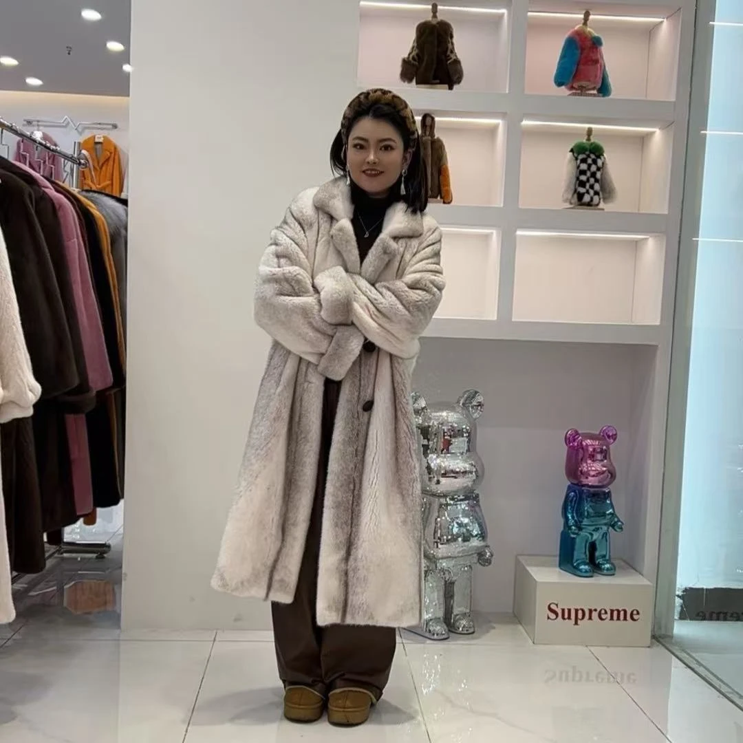 (ECKE)进口十字貂皮大衣女长款百搭西装领银十字貂整皮外套挽袖款