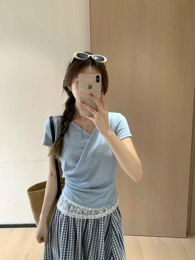 【孤品捡漏直接拍】夏日松弛感褶皱蕾丝拼接荡领韩系百搭短袖t恤
