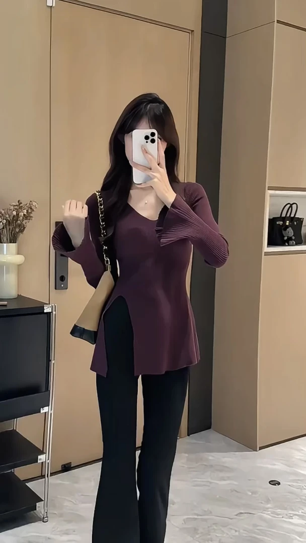 韩系V领喇叭袖打底针织衫女秋季2025新款中长款收腰开叉小众上衣