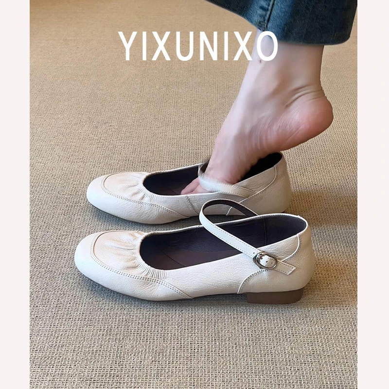 超软小羊皮~法式复古单鞋女圆头褶皱浅口低跟百搭通勤玛丽珍鞋子