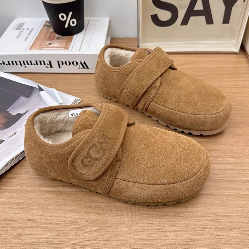 2025冬季新款磨砂皮魔术贴勃肯鞋女休闲复古平底加绒面包棉鞋