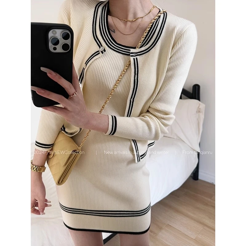 新款气质套装裙圆领上衣外套女百搭高级感修身显瘦春季连衣裙