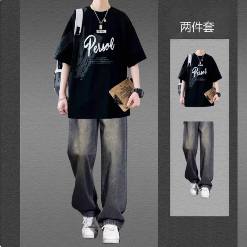 夏季短袖t恤套装男士潮牌上衣搭配直筒牛仔裤男生帅气时尚两件套