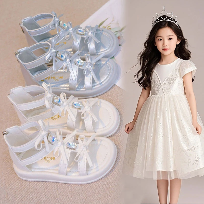 女童公主凉鞋2025夏季新款儿童鞋水钻法式罗马鞋蝴蝶结软底沙滩鞋