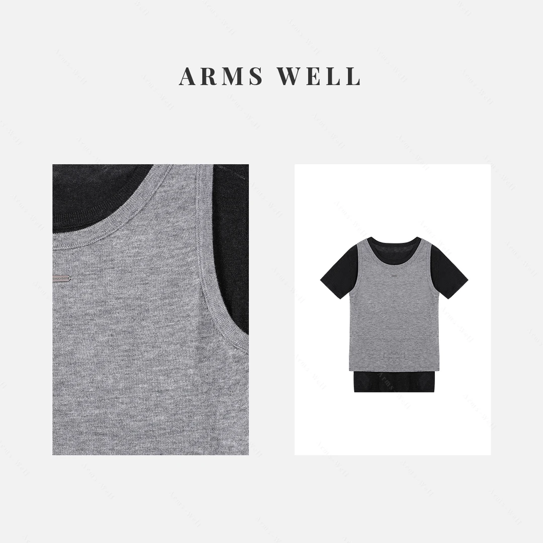 ARMS WELL王囡囡 灰色拼黑色绵羊毛真两件圆领短袖T恤 S137