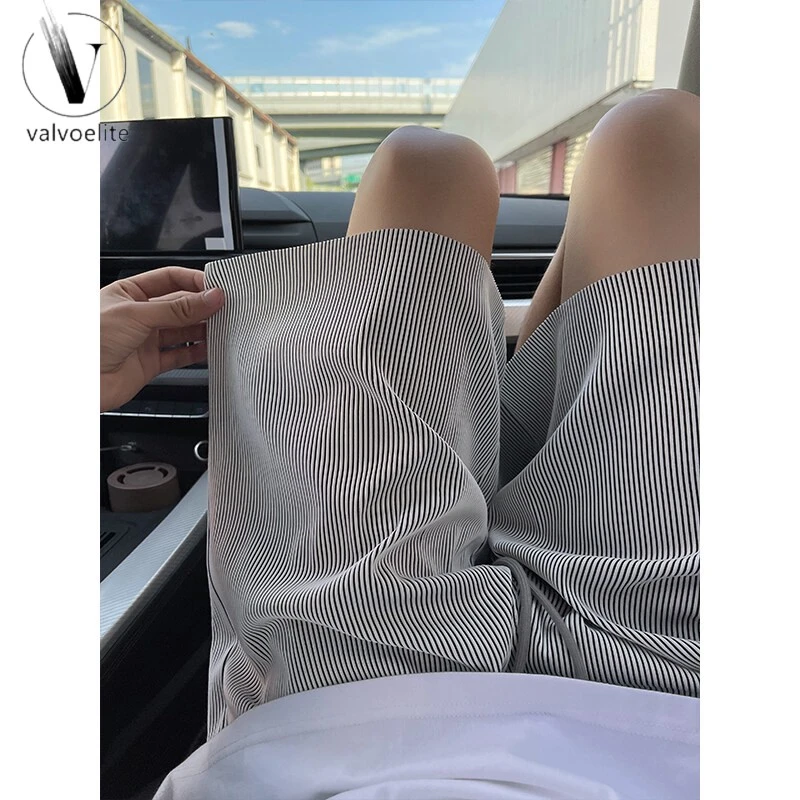 VALVOELITE美式撞色条纹冰丝短裤男士夏季薄款宽松直筒五分裤休闲