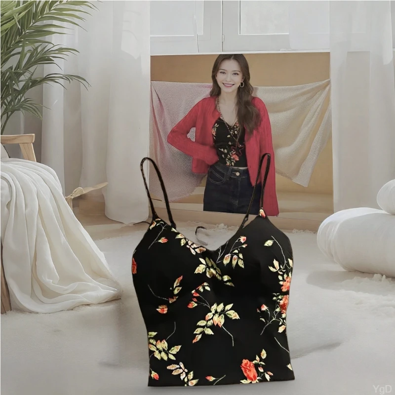 网红款黑色花吊带背心碎花打底女背心带胸垫美背上衣碎花吊带内搭