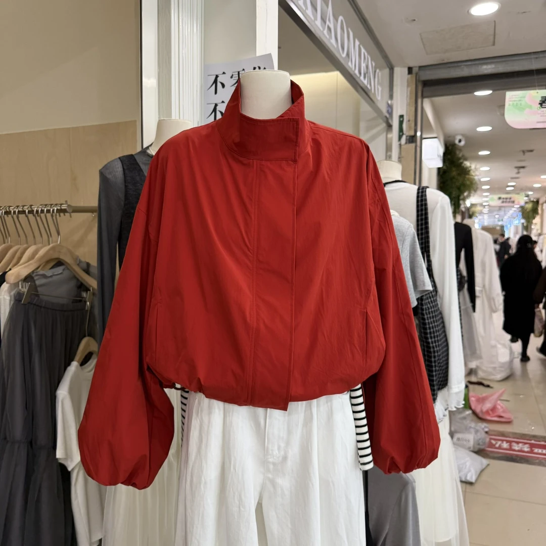 韩系红色立领廓形冲锋衣短外套女2025春季新款小个子休闲夹克上衣