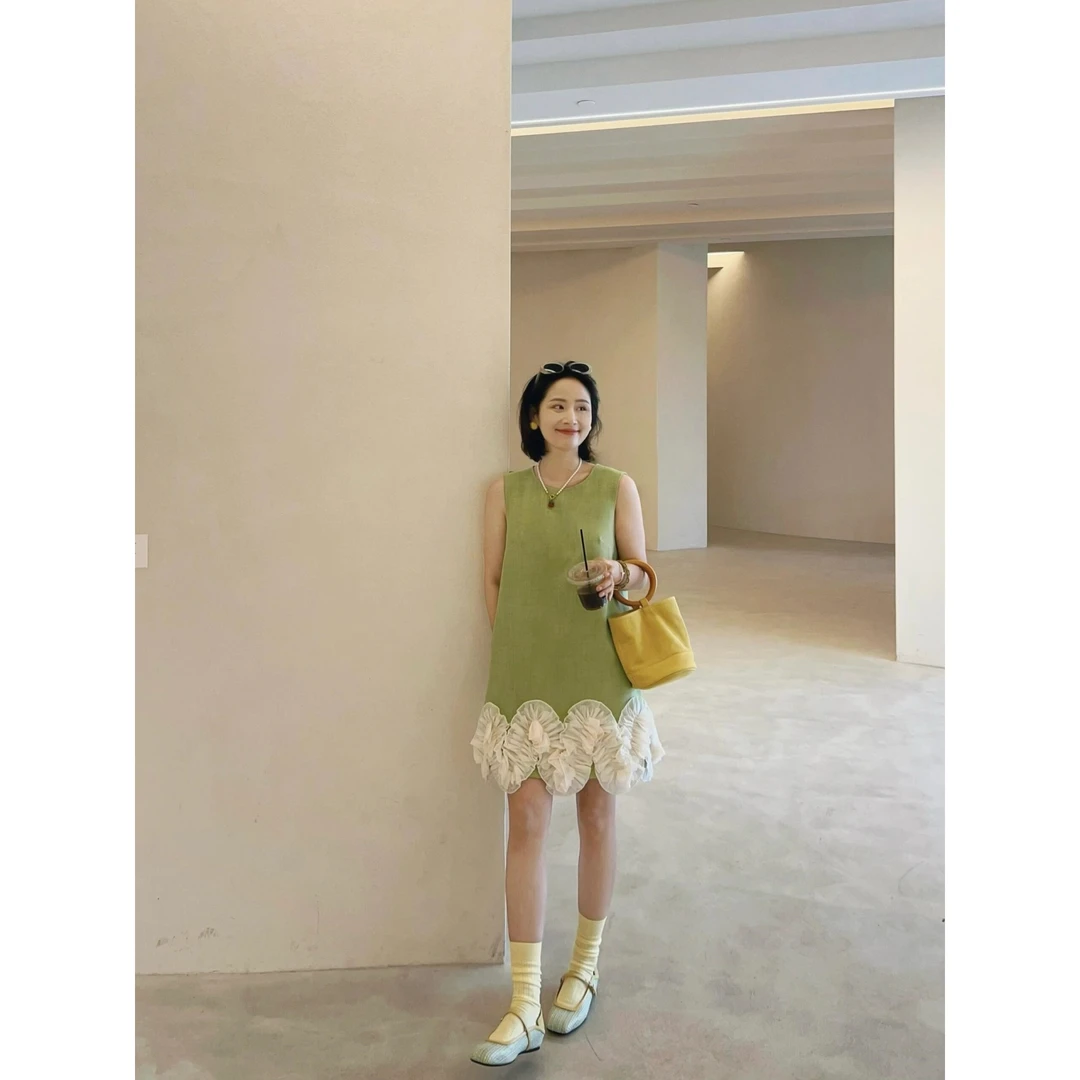 MARIE.COCO蕾丝拼接背心裙女夏季小个子牛油果绿色连衣裙网纱裙子