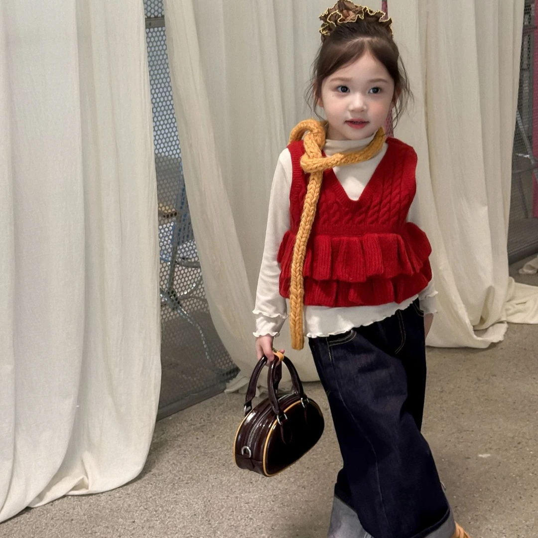 儿童2025秋季新款女童韩版波浪下摆针织毛线马甲女宝宝洋气马甲